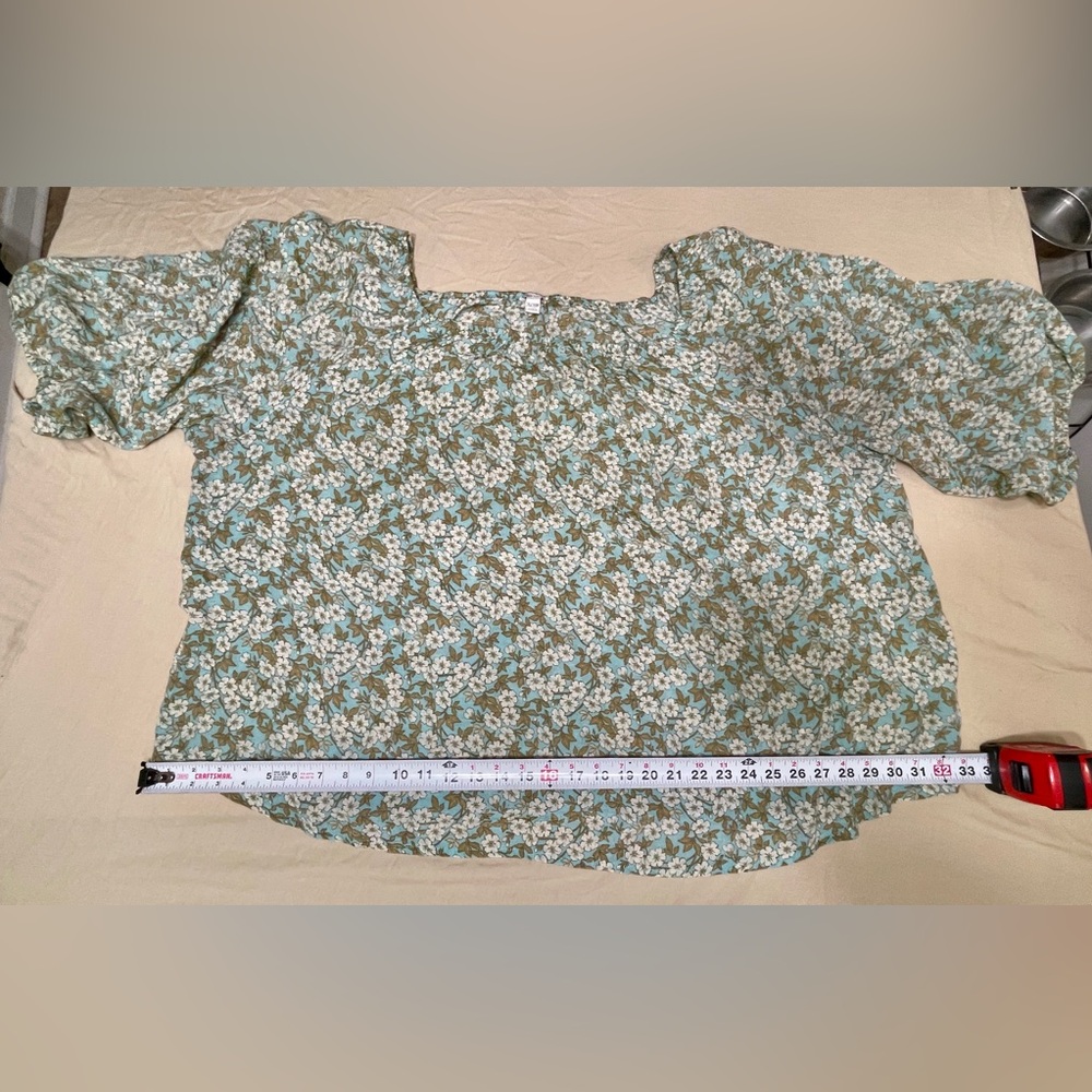 Cato Blue Floral Puff Sleeve Blouse, Square Neck, Relaxed Fit, Plus 26/28W